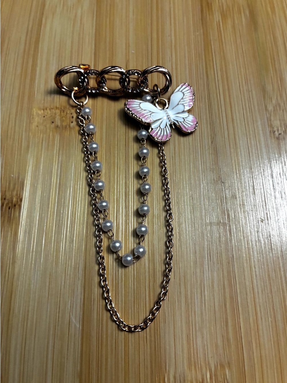 Goldtone Pink & White Butterfly Brooch -NWT